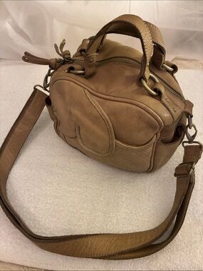 Vintage Lucky Penny Leather Crossbody Satchel Soft Slouchy Tan bag,brass loops